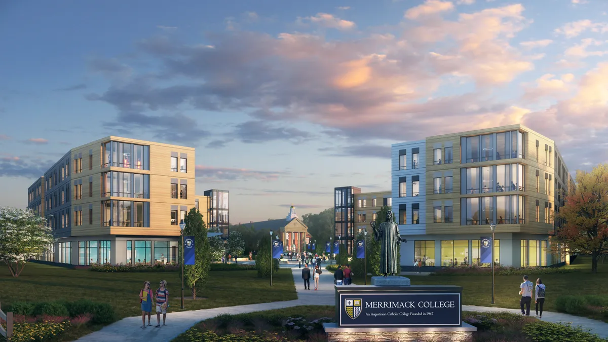 A rendering of a college campus with two low-rise housing buildings on either side.