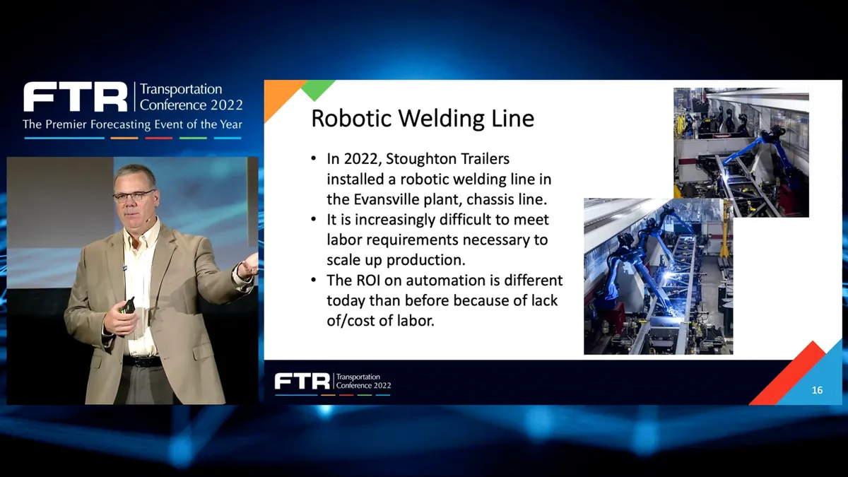 David Giesen, vice president of sales and marketing at Stoughton Trailers, said the company has added a robotic welding line to build chassis amid labor challenges.