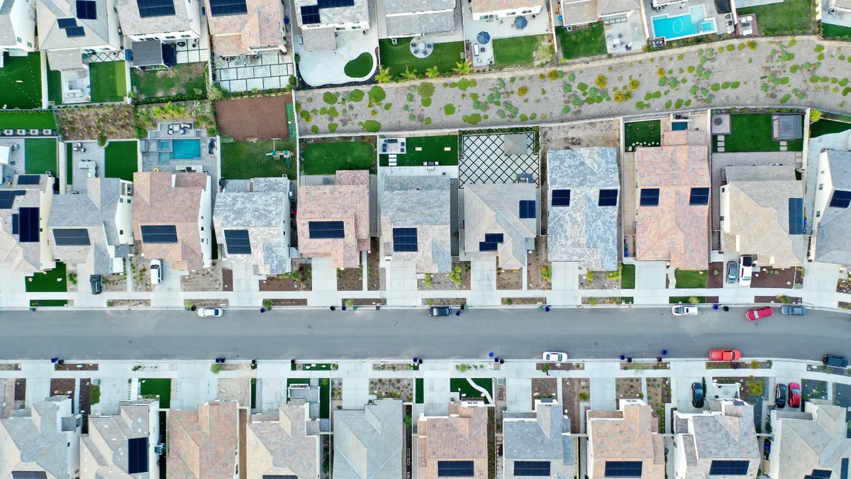 An aerial view of homes in a housing development on September 08, 2023 in Santa Clarita, California.