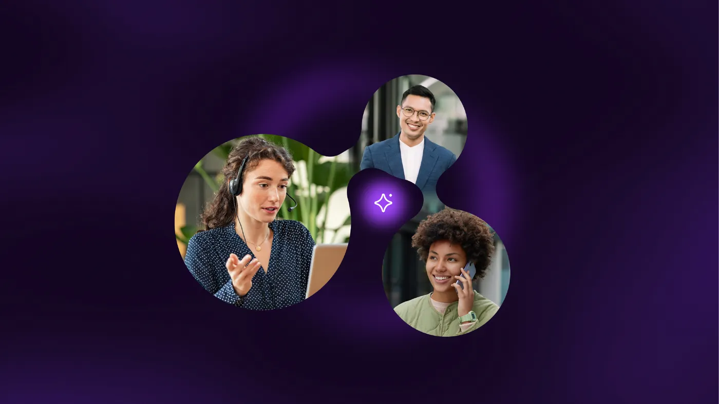 An collage of 3 office workers, one on a headset, one on a smartphone.