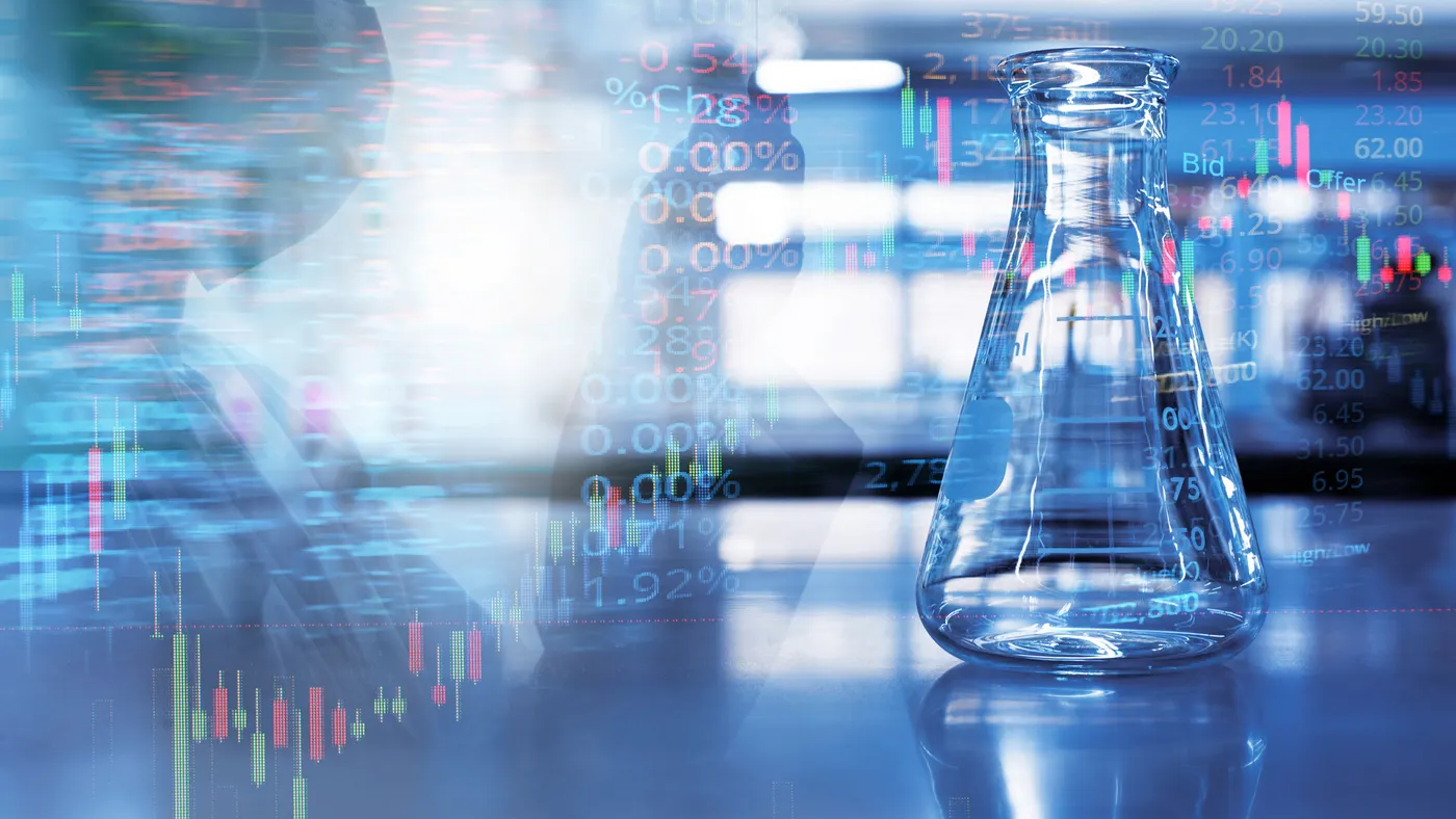 single science glass flask with double exposure scientist holding tube in chemistry blue laboratory with stock market information background