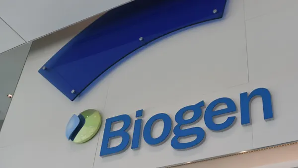 The Biogen logo is displayed on wall inside the company's Cambridge, Massachusetts, headquarters on Sept. 5, 2024.