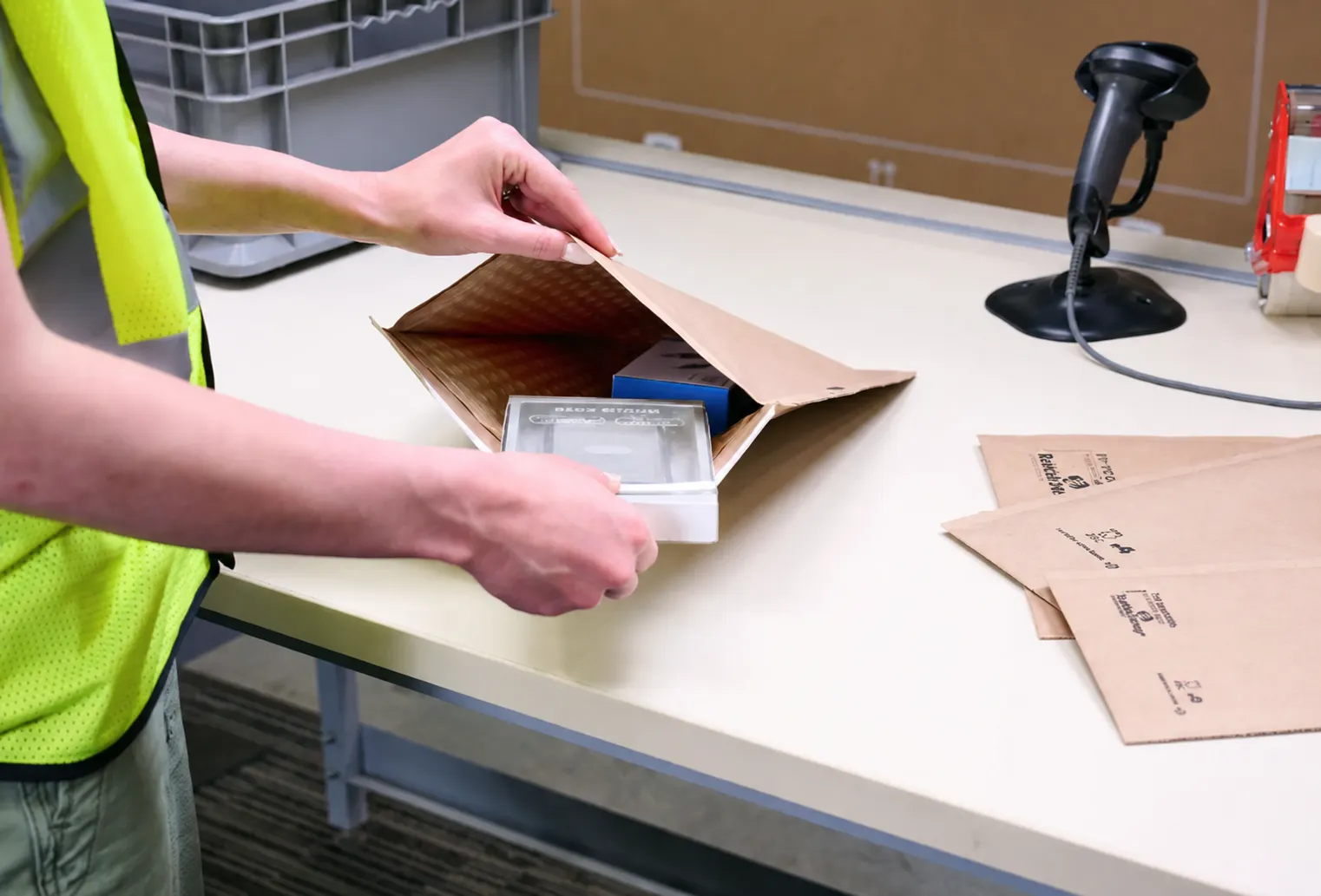 A person opens a fiber e-commerce mailer and places an item inside.