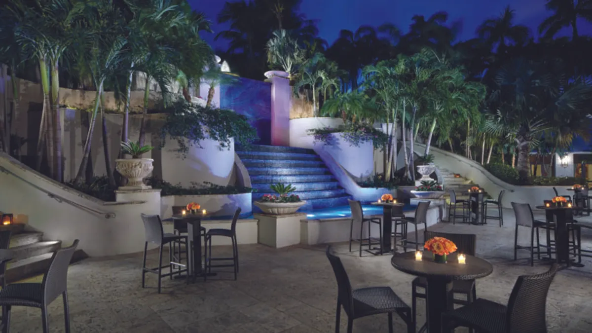 The outdoor patio of a hotel property