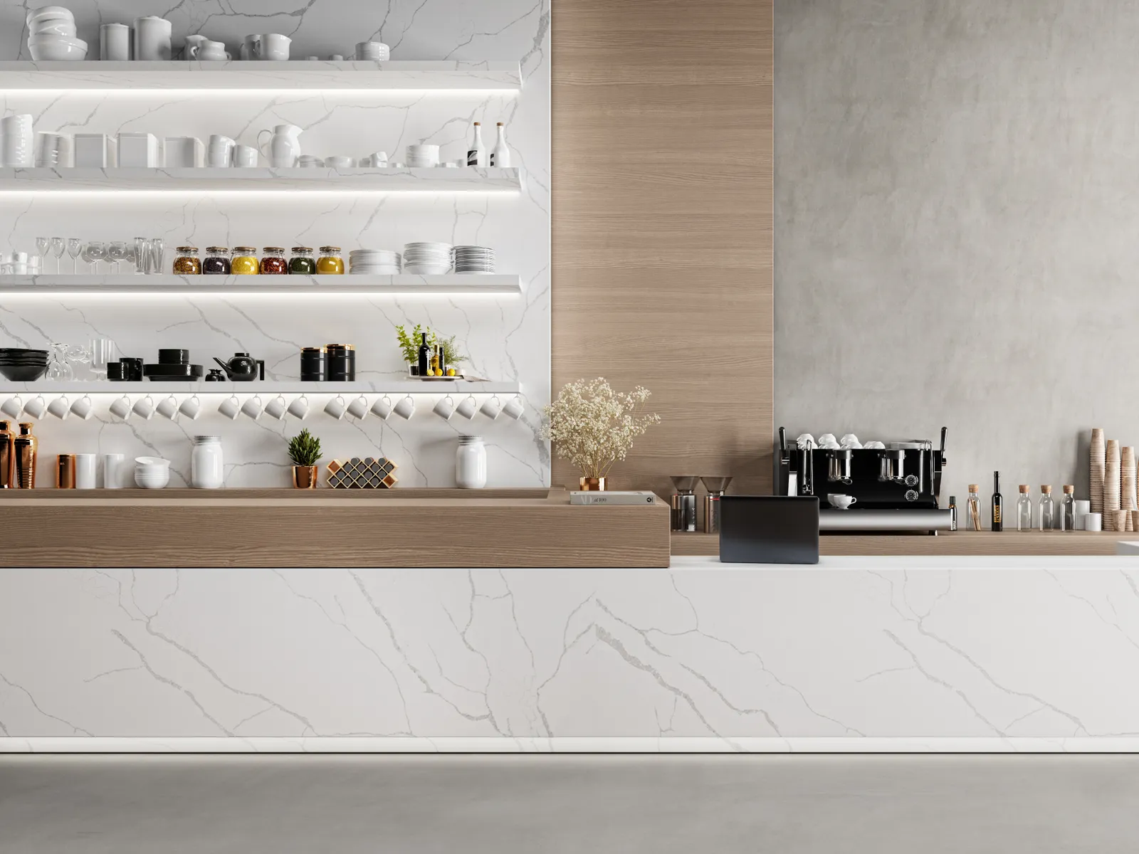 A coffee bar with quartz slab accents.