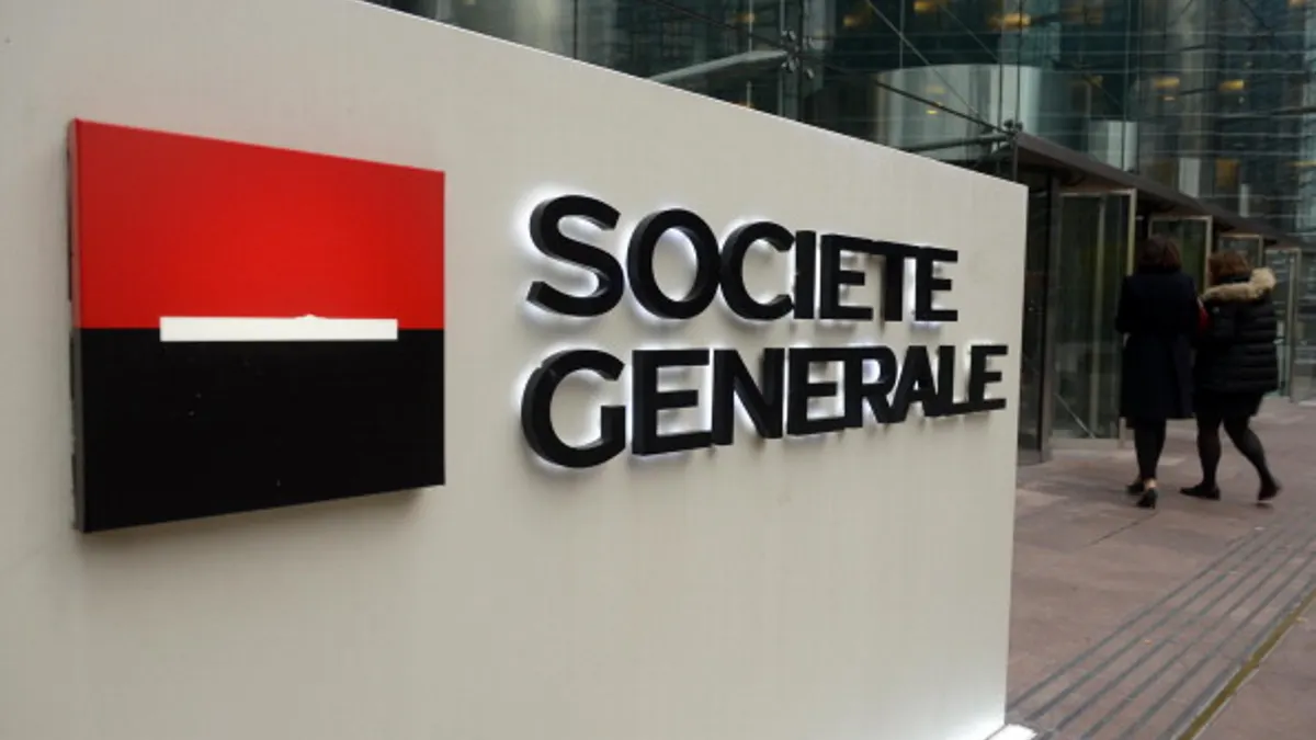 The entrance to a Societe Generale bank building