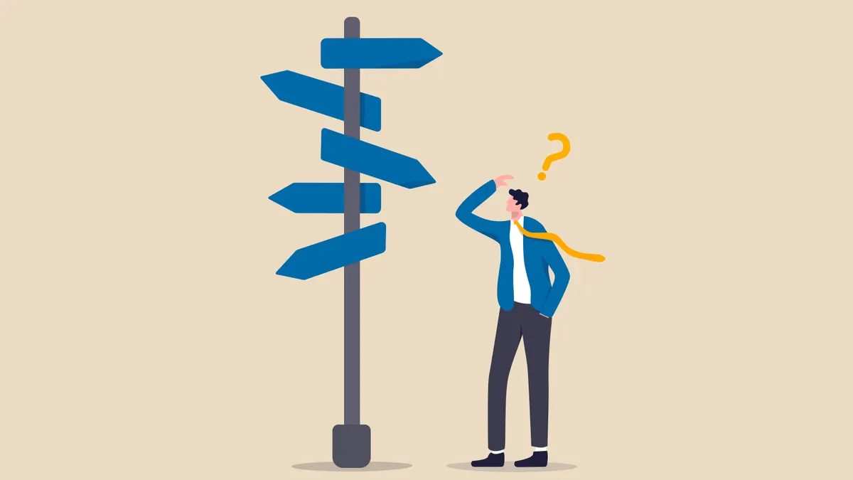 A person with a question mark above their head looks at a pole with arrows pointing in different directions.