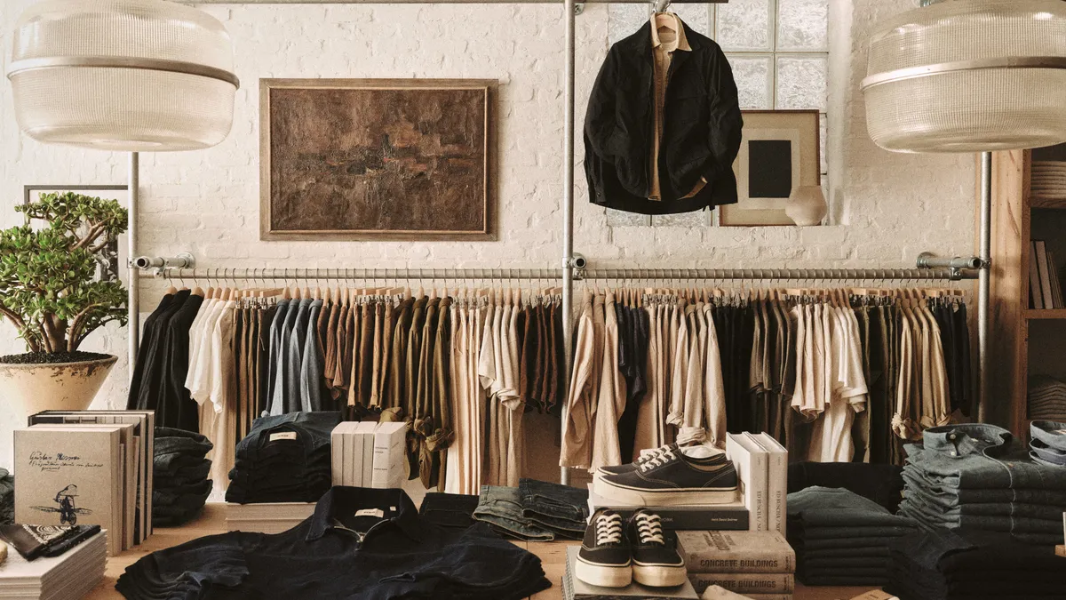 Clothing sitting on shelves in a store, while some hangs in the background.