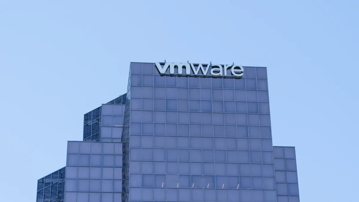 A tall office building with the VMware logo prominently displayed