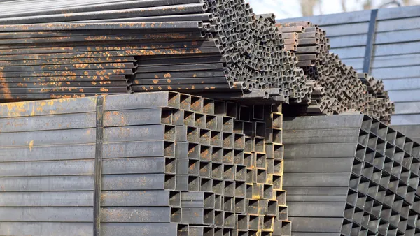 Metal profiles of different kinds are located in the metal products warehouse
