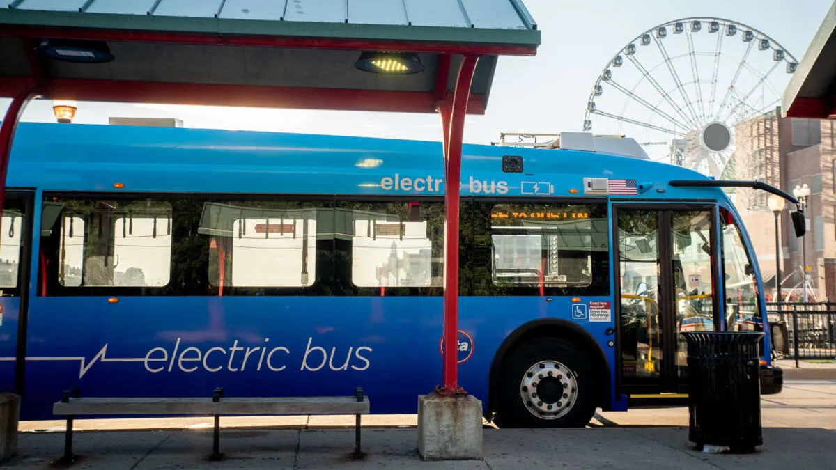 A Chicago Transit Authority electric bus stopped near the Navy Pier.