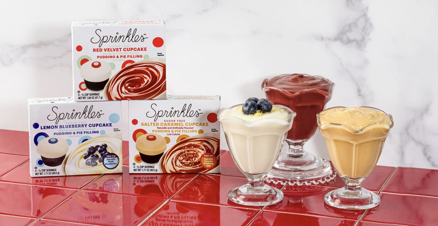 Product shots of Sprinkles cupcake flavors made into a pudding and pie filling.