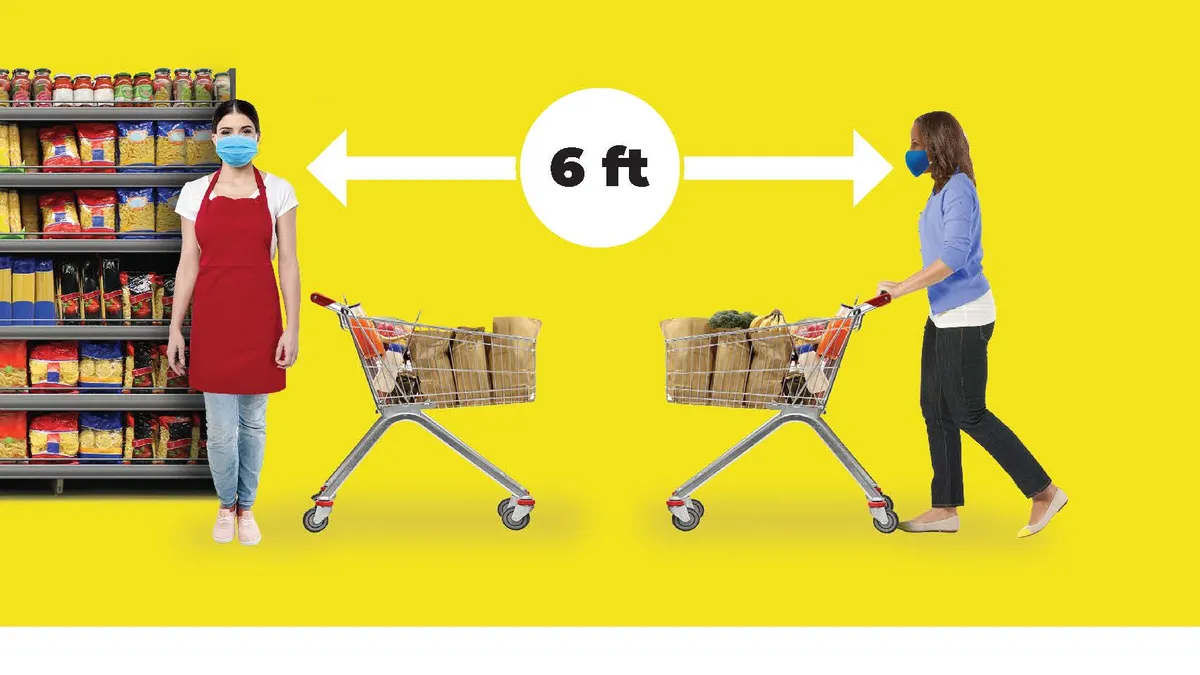 Sign instructing shoppers to stay six feet apart in a supermarket