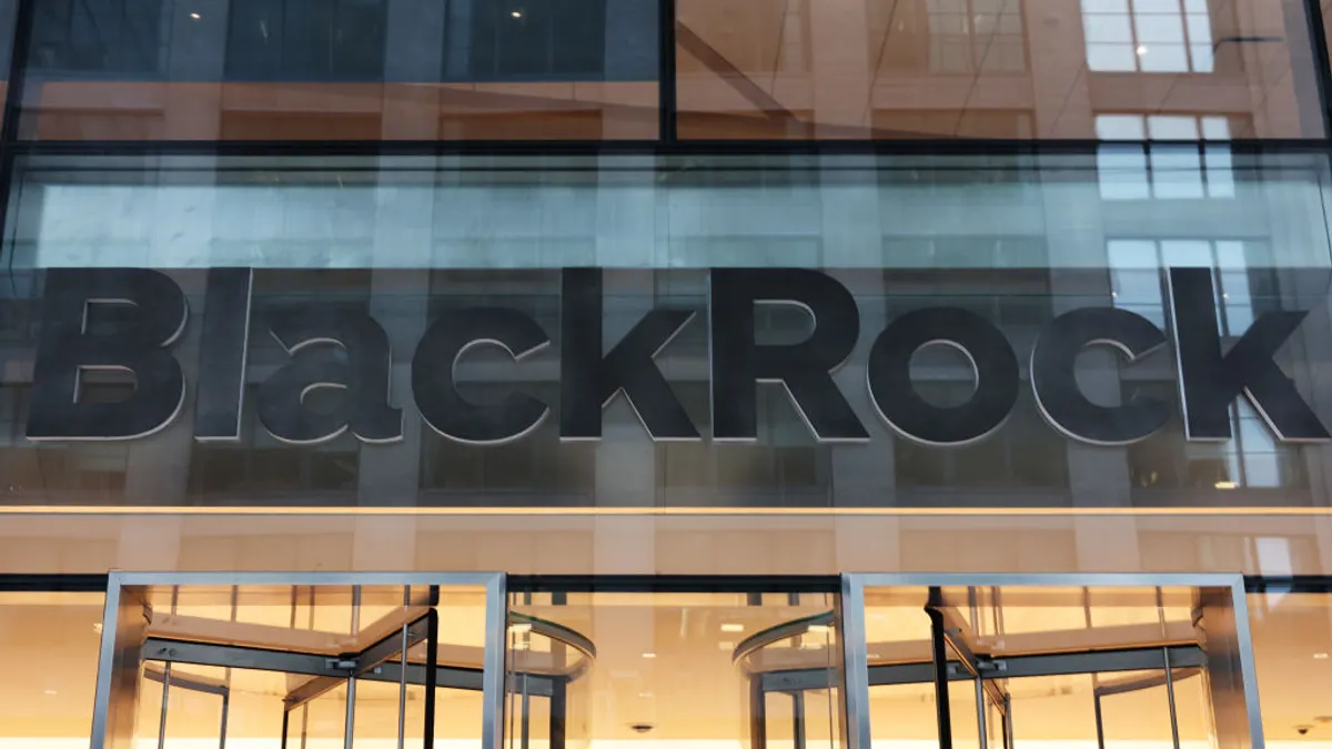 The BlackRock company logo is seen outside of its NYC headquarters