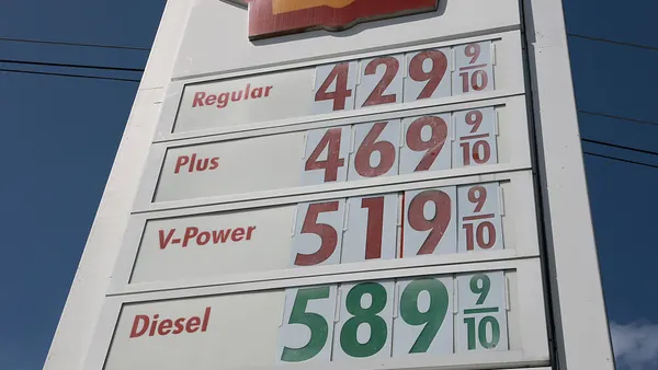 A sign in Florida displays gas prices at nearly $4.30 per gallon and diesel prices at nearly $5.90 per gallon.