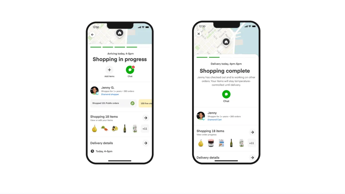 Two Instacart apps showing a shopping trip in progress