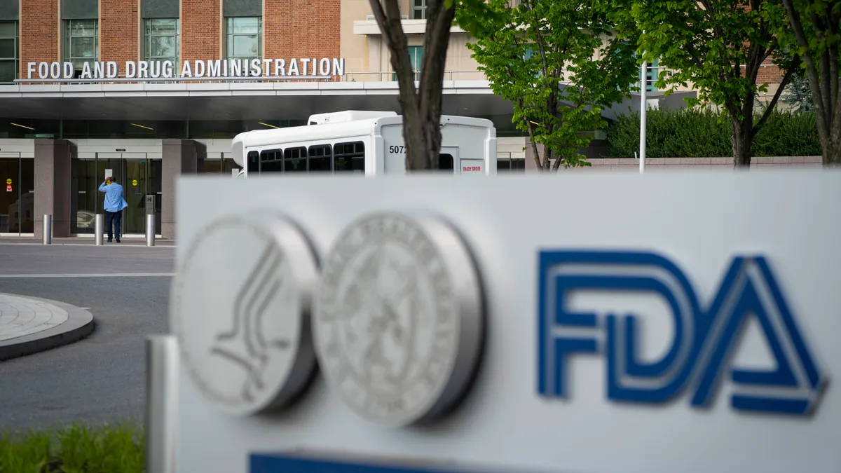 A sign for the FDA is displayed outside the agency's headquarters in Silver Spring, Maryland.