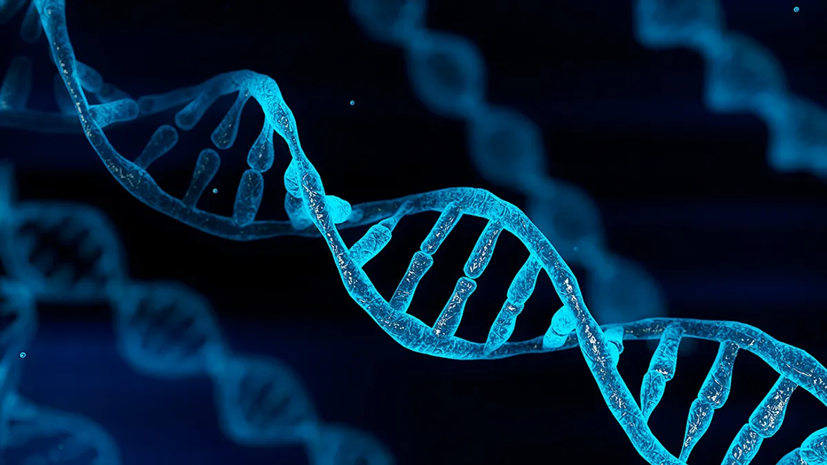 3D illustration close-up rendering of blue chromosome DNA glowing