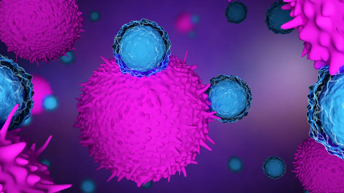 An illustration of immune cells attacking a tumor.