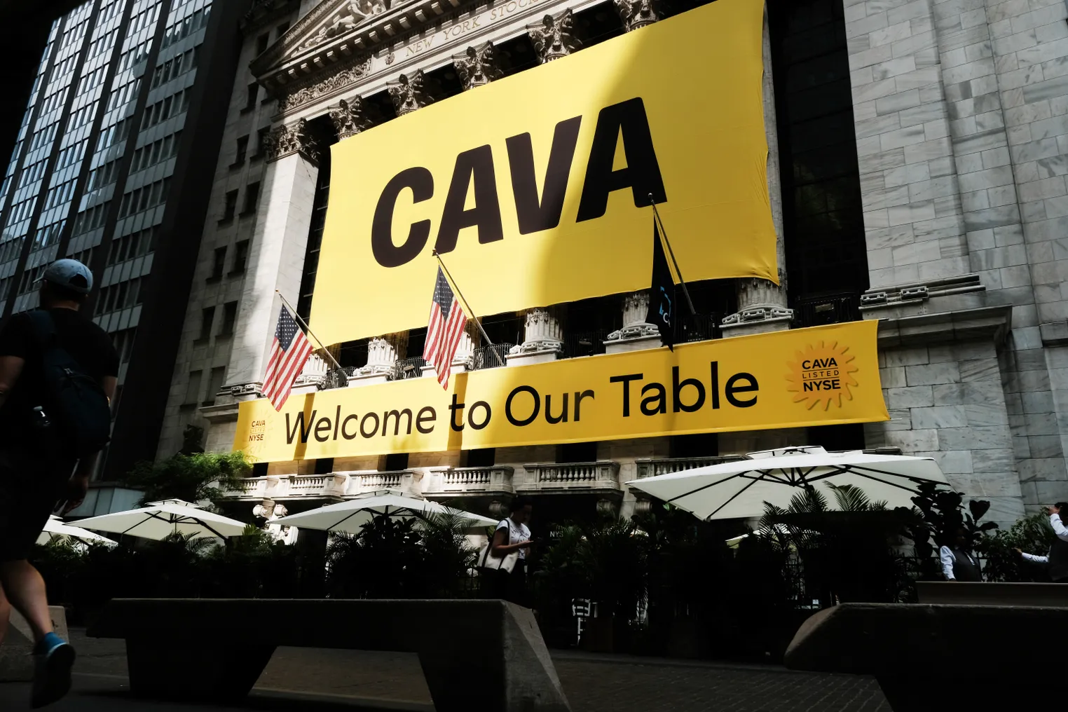 Cava banner in front of the NYSE during IPO