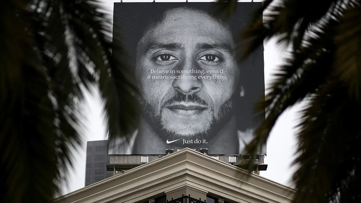 A billboard featuring former San Francisco 49ers quaterback Colin Kaepernick is displayed on the roof of the Nike Store on September 5, 2018 in San Francisco, California.