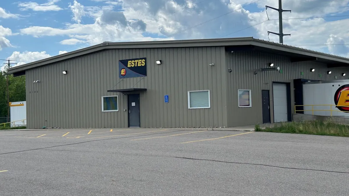 An exterior photo shows Estes Express Lines' new terminal in St. Cloud, Minnesota.