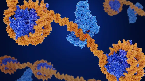 An illustration of DNA methylation colored in white, blue and red.