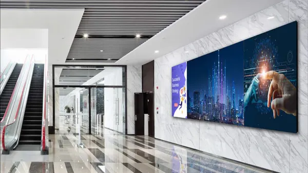 A business hallway with an indoor LED business display from LG Electronics.
