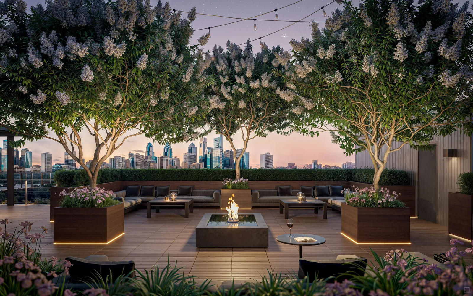 Tall, thin trees over a seating area.