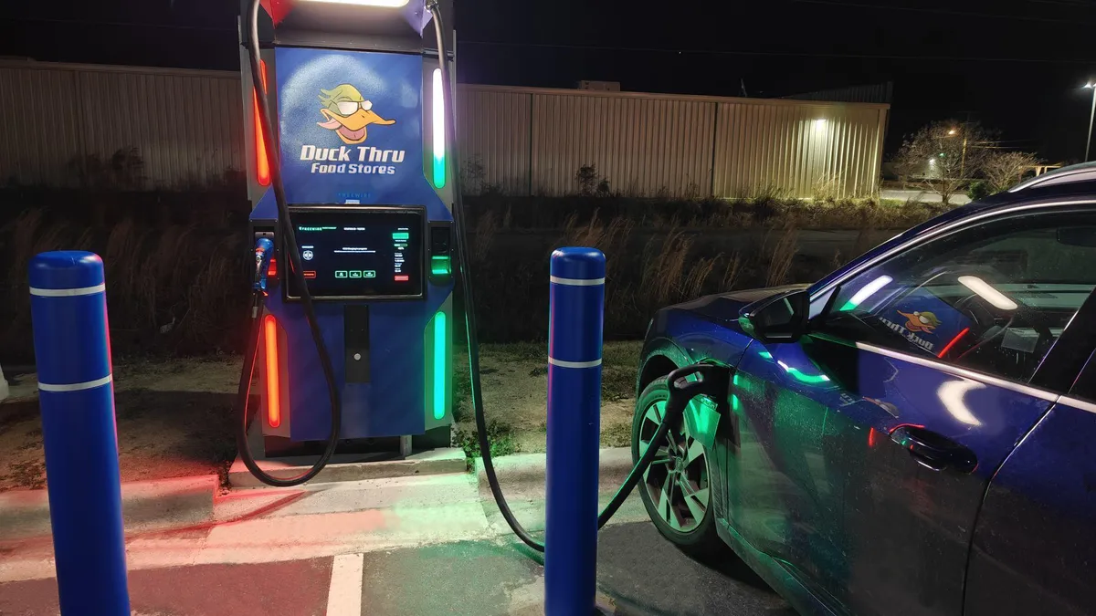 A photo of the first FreeWire EV charging station at a Duck Thru convenience store.