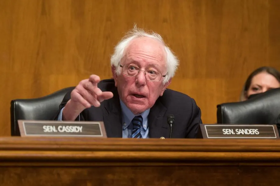 A close-up of Sen. Bernie Sanders speaking in Dirksen, a U.S. Senate building