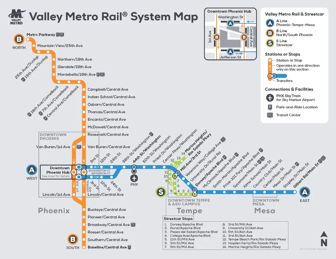 Valley Metro map shows the phoenix light rail system.
