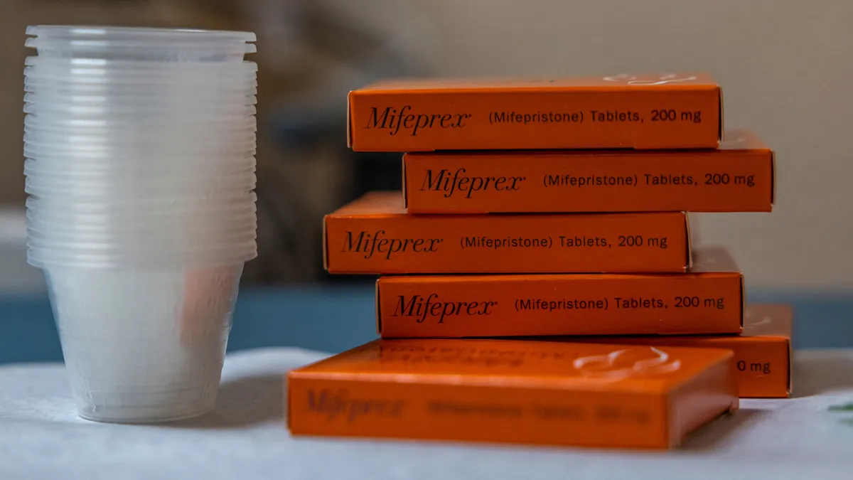Boxes of mifepristone, the first pill given in a medical abortion