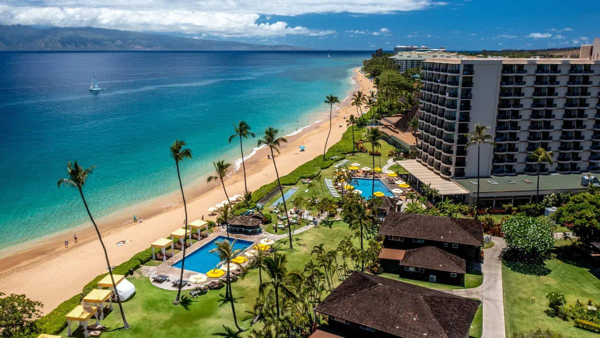 An aerial shot of the beachfront Royal Lahaina resort.