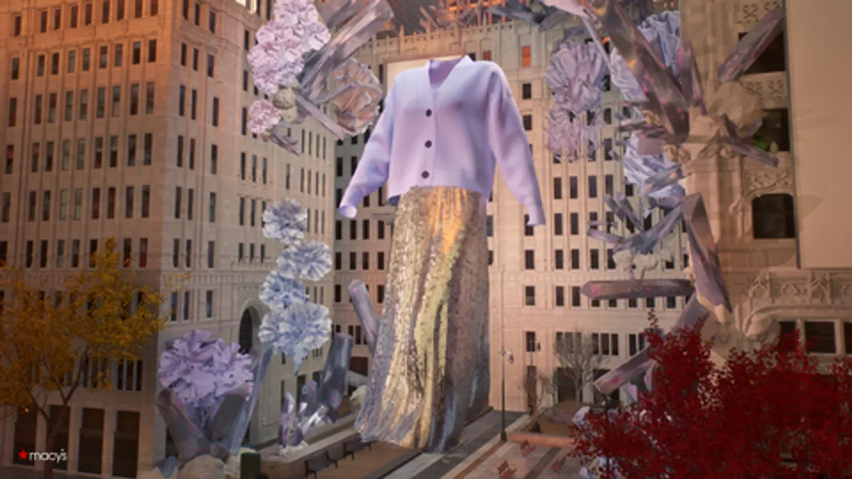 Macy's metaverse rendering of a suit that is walking alongside a New York city building.