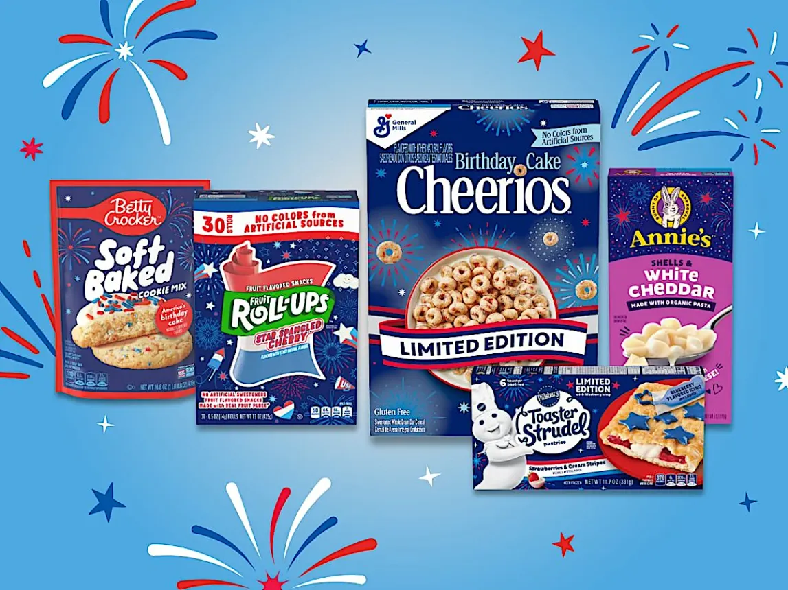 Boxes of General Mills products in front of a cartoon firework background.