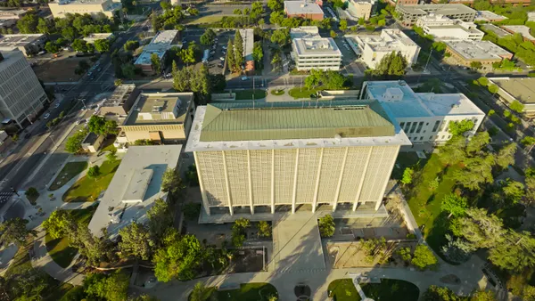 Aerial shot of downtown Fresno, California, and Fresno County Superior Court on a sunny day in spring.