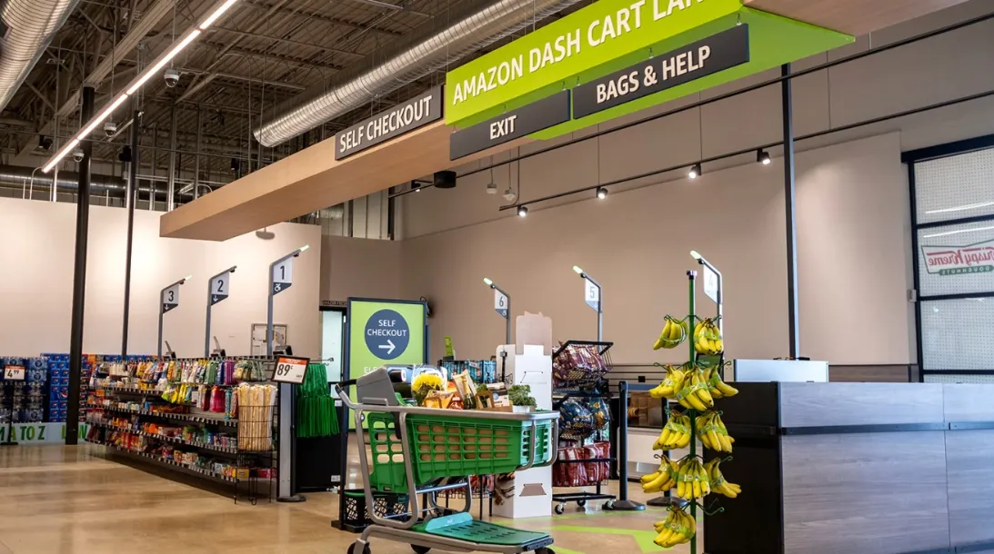 Self checkout stations at a grocery store.