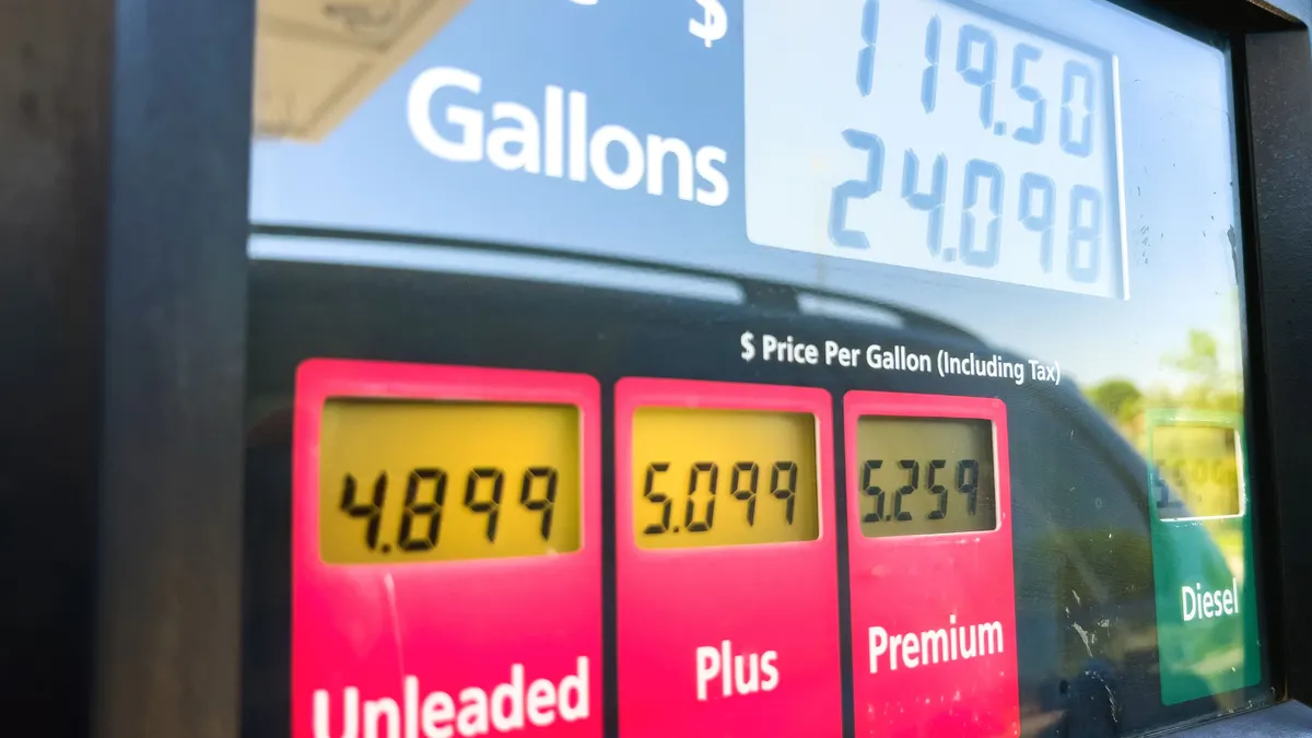 A close up of a gas pump that shows unleaded, plus and premium fuel with prices over $4 and $5 a gallon.