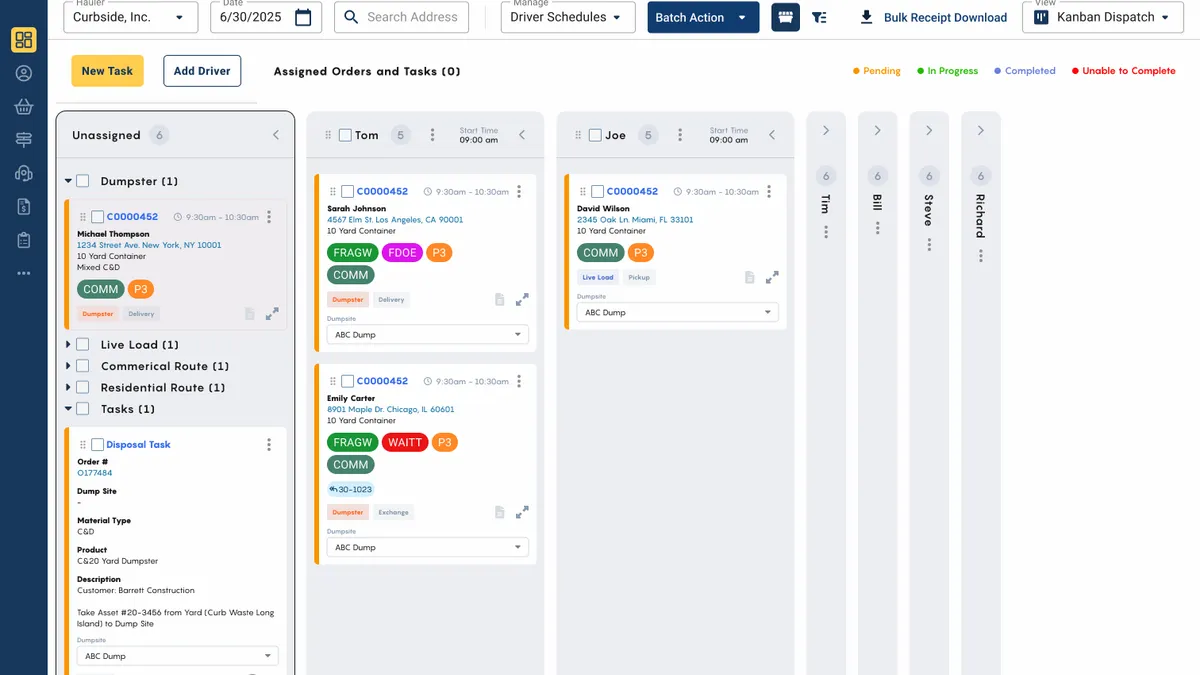 A screenshot of a management board for driver schedules.