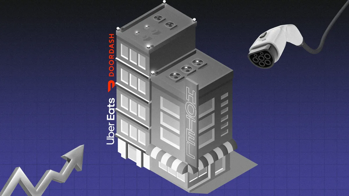 A composite of a hotel building including EV charger and money.