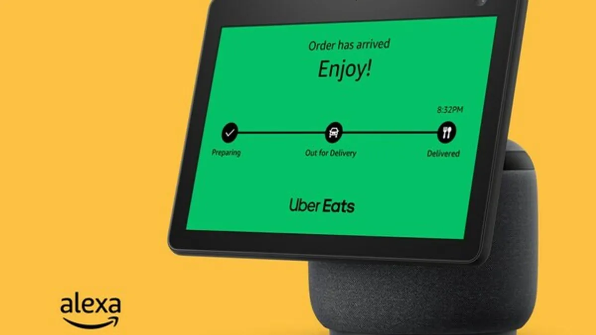 An image of an Amazon Echo device using Uber Eats