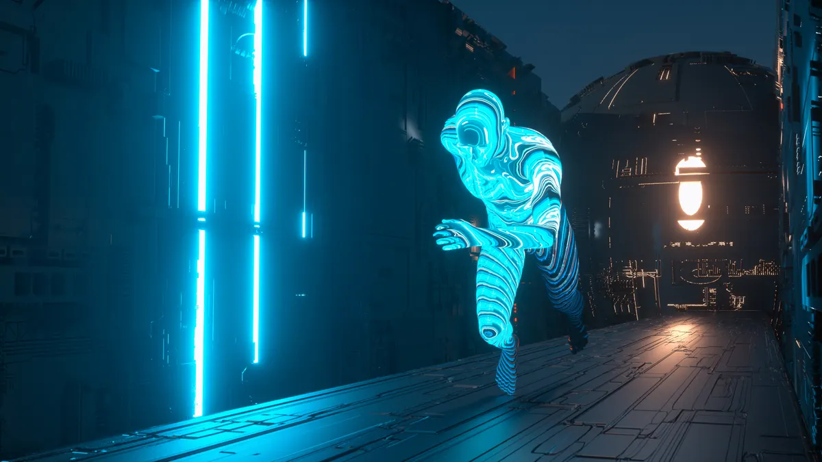 olorful and glowing robot running on futuristic bridge.