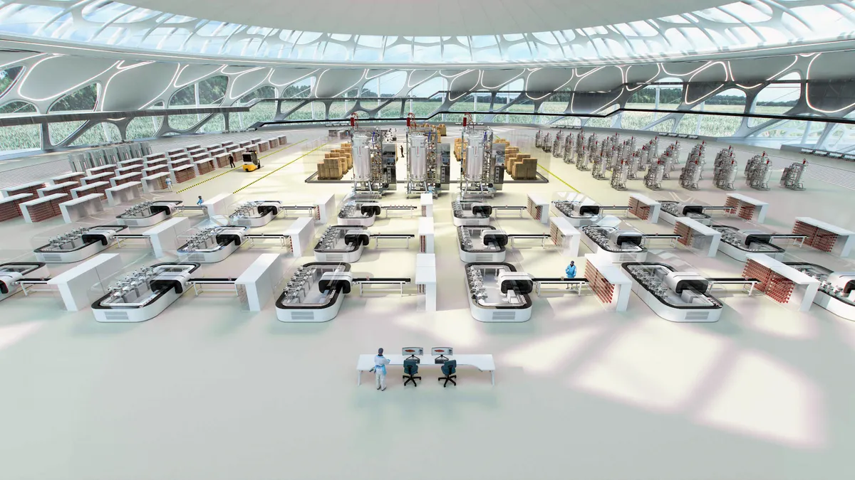 A rendering of Steakholder Foods' planned future facility: A large open room with windows. Three large bioreactors in the middle, with smaller ones, 3D printers and storage drawers arranged around.