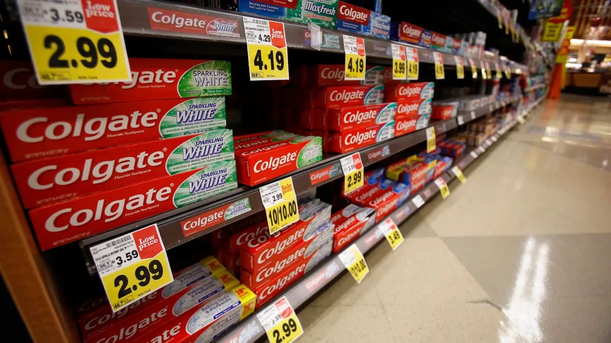 Colgate toothpaste is pictured on sale at a grocery store in Pasadena, California Jan. 30, 2014.