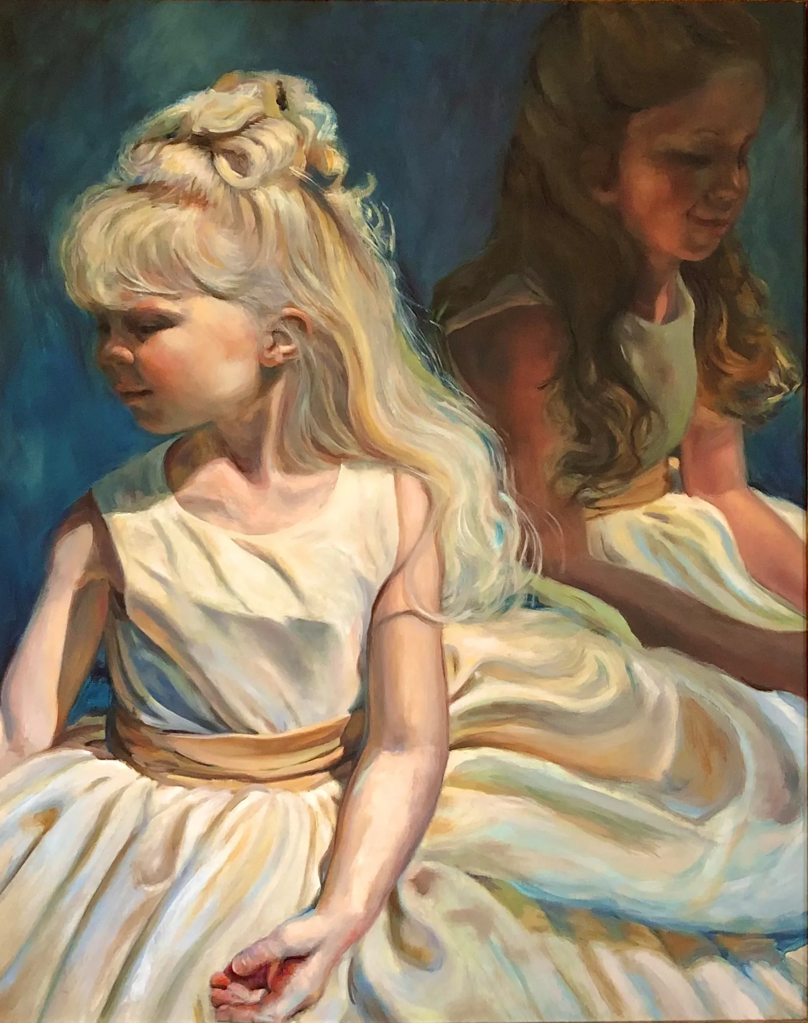 A realistic water-color painting. A young girl with long blonde hair in a yellow sleeveless dress sits in the forefront,  while a girl with long brown hair in a sleeveless dress sits behind.