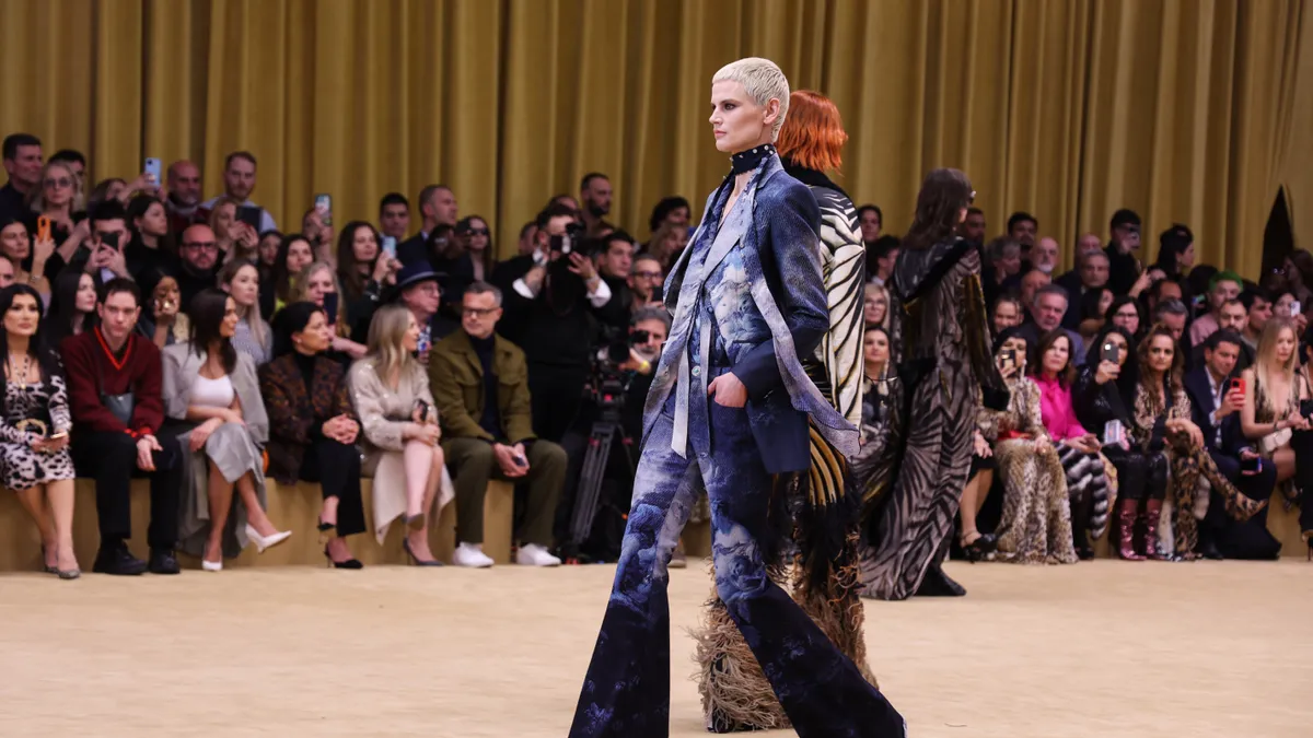 A model walks the runway at the Roberto Cavalli fashion show during the Milan Fashion Week Womenswear Fall/Winter 2023/2024 on February 22, 2023 in Milan, Italy.