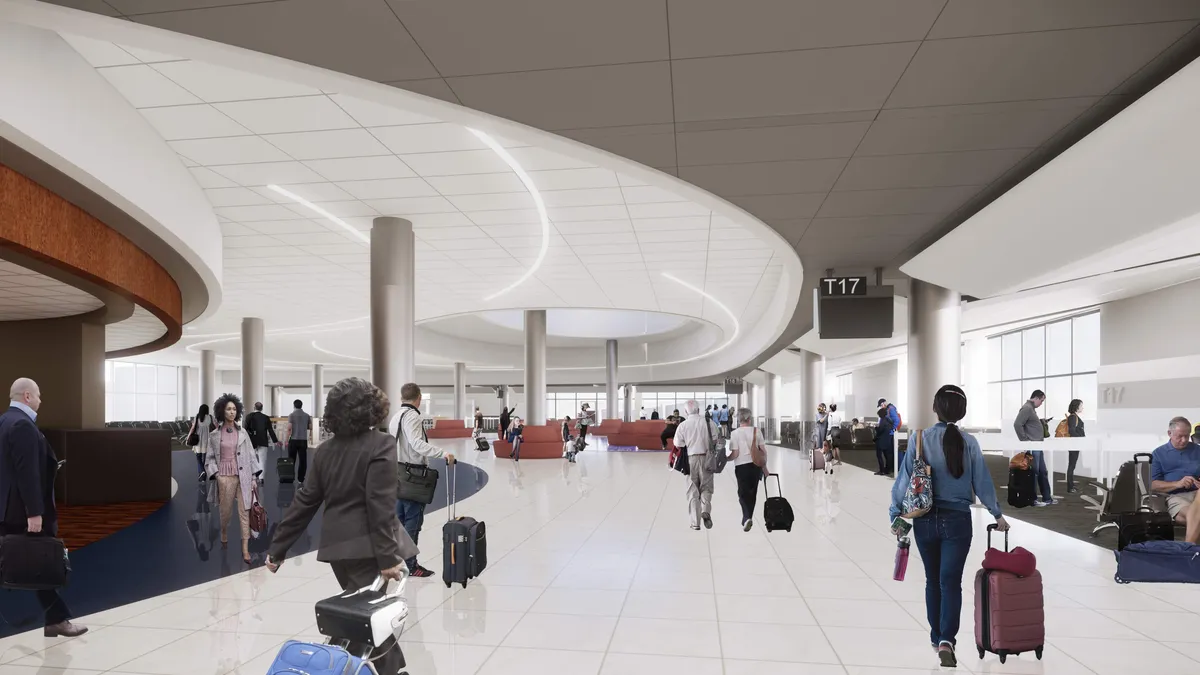 A rendering of travelers wheeling suitcases to a renovated airport terminal.