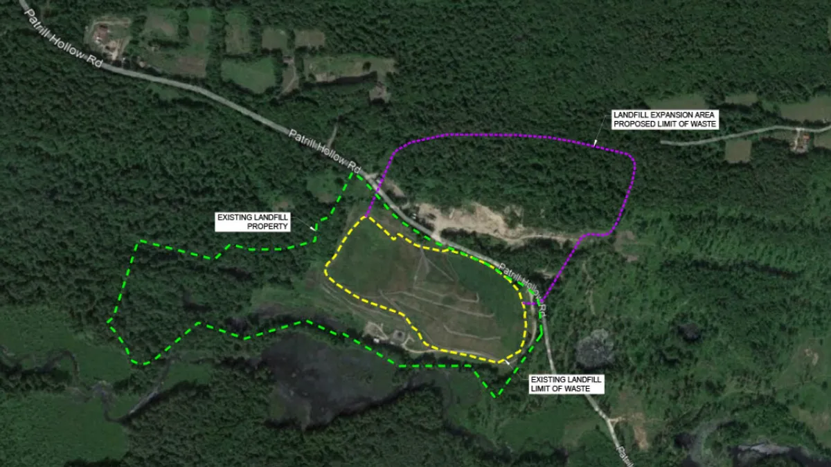 A satellite image of a rural area with some developed land, overlaid with dotted lines denoting current and proposed areas for landfill.