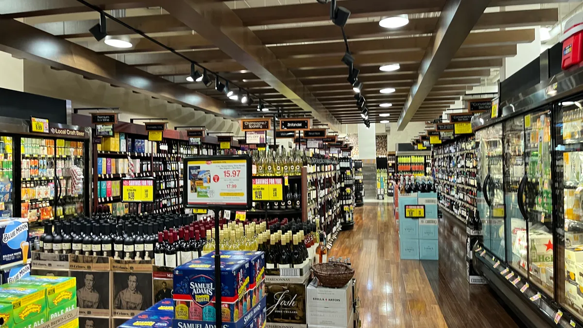 Alcohol aisle inside a grocery store.